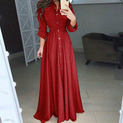 Long Sleeve Shirt Style Maxi Dress with Belt and Pockets - MomyMall RED / S