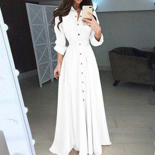 Long Sleeve Shirt Style Maxi Dress with Belt and Pockets - MomyMall WHITE / S