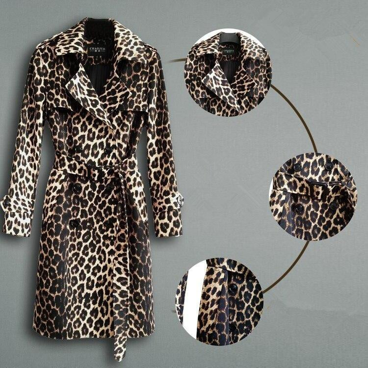 Double Breasted Leopard Print Plus Size Trench Coat With Belt