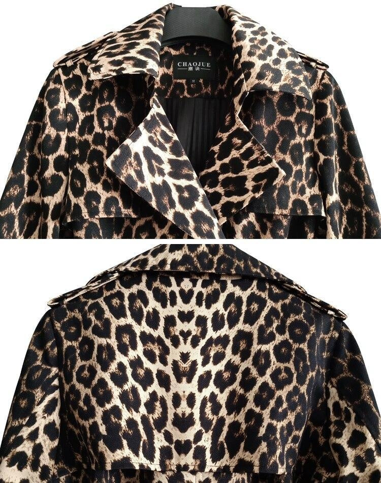 Double Breasted Leopard Print Plus Size Trench Coat With Belt