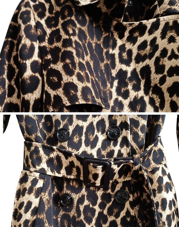 Double Breasted Leopard Print Plus Size Trench Coat With Belt