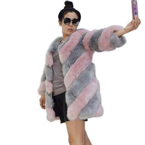 Luxury Faux Fur Contrast Panelled Coat - Plus Size Winter Coat