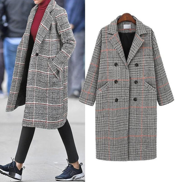 Plus Size Double Breasted Plaid Wool Coat