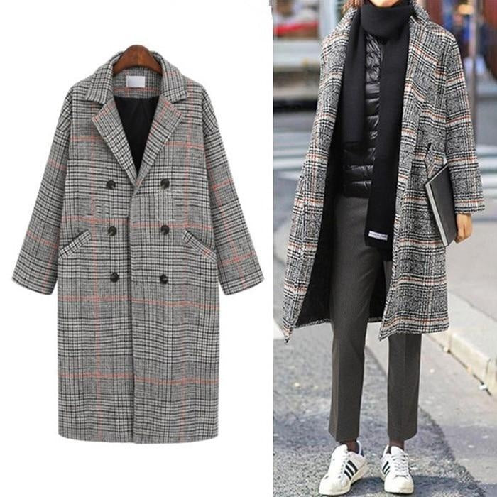 Plus Size Double Breasted Plaid Wool Coat