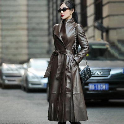 Plus Size Long Faux Leather Trench Coat With Belt