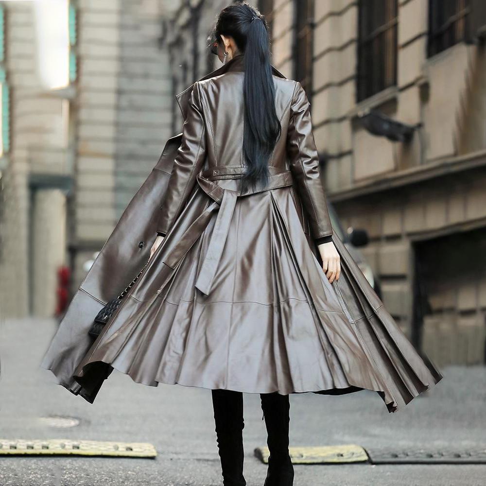 Plus Size Long Faux Leather Trench Coat With Belt