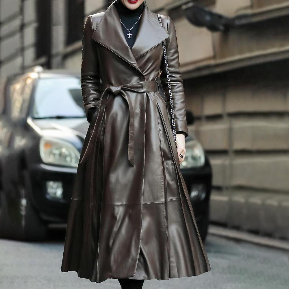 Plus Size Long Faux Leather Trench Coat With Belt