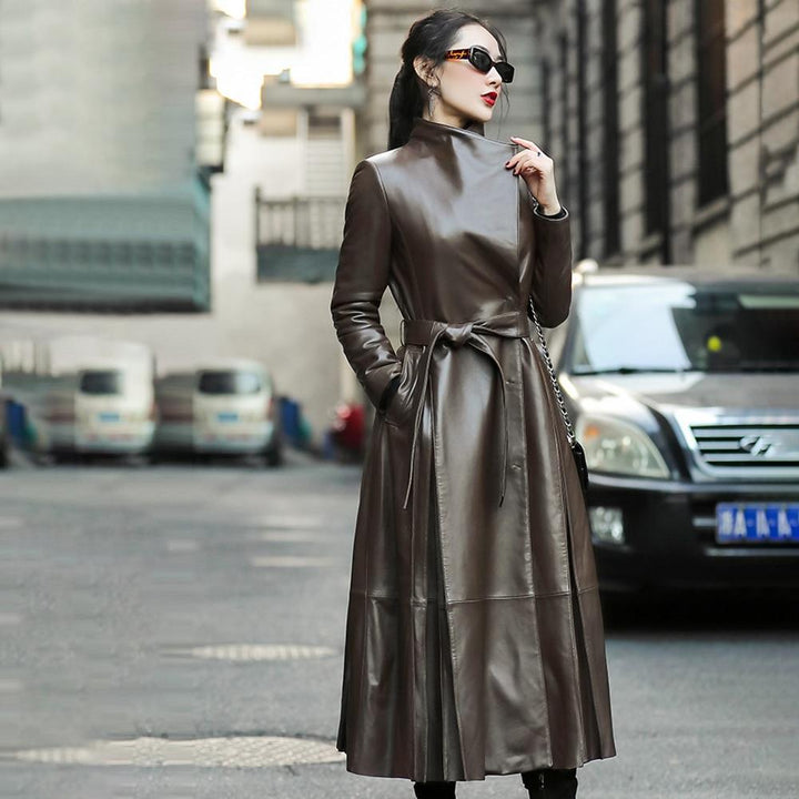 Plus Size Long Faux Leather Trench Coat With Belt