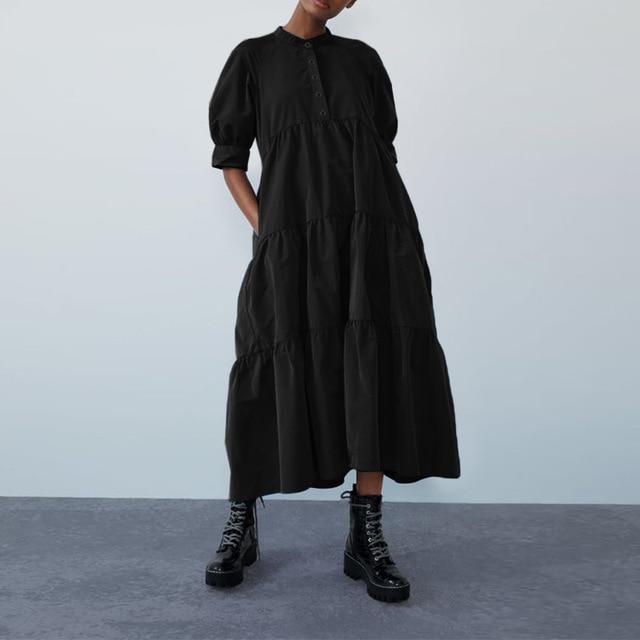 Puff Sleeve Smock Tiered Maxi Dress - Plus Size Dress - MomyMall BLACK / S