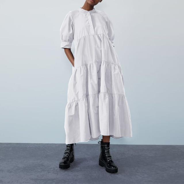 Puff Sleeve Smock Tiered Maxi Dress - Plus Size Dress - MomyMall WHITE / S