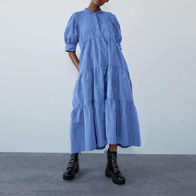 Puff Sleeve Smock Tiered Maxi Dress - Plus Size Dress - MomyMall BLUE / S