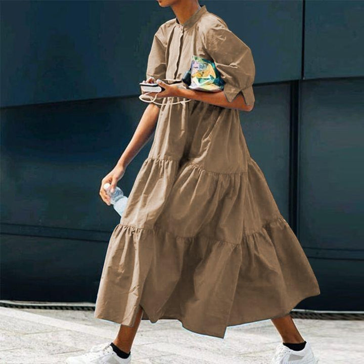 Puff Sleeve Smock Tiered Maxi Dress - Plus Size Dress - MomyMall BROWN / S
