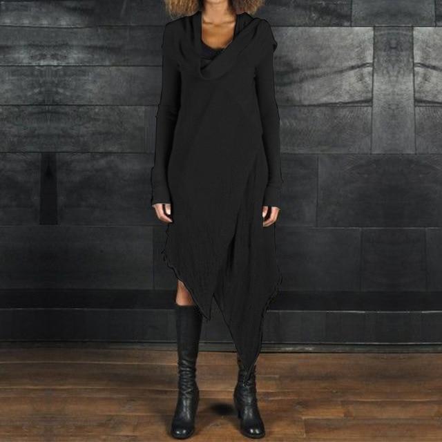 Plus Size Asymmetrical Dress With Long Sleeves - MomyMall BLACK / M