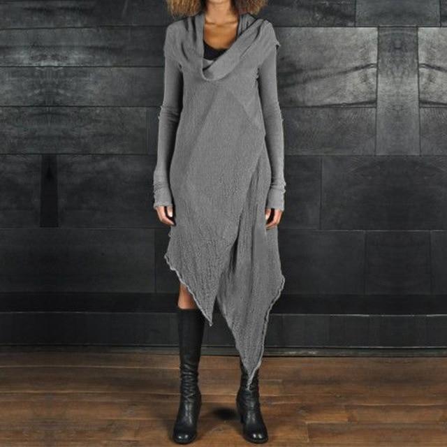Plus Size Asymmetrical Dress With Long Sleeves - MomyMall GREY / M
