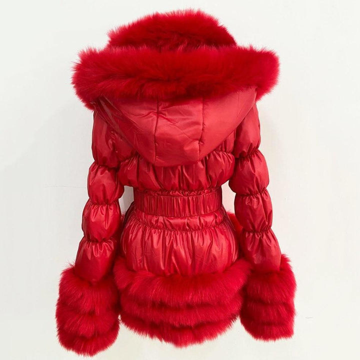 Faux Fur Trim Down Winter Down Coat With Hood and Belt