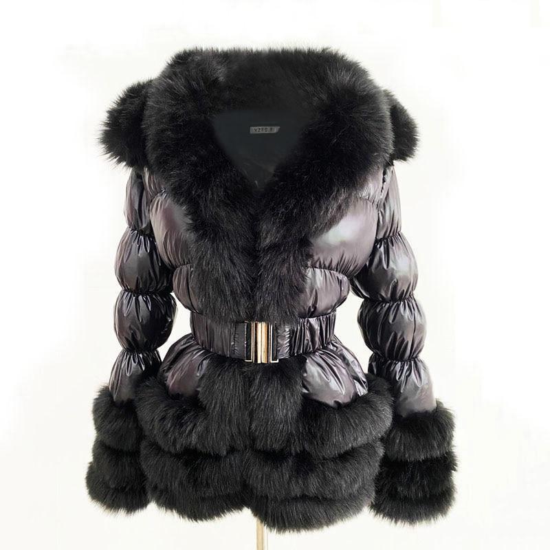 Faux Fur Trim Down Winter Down Coat With Hood and Belt