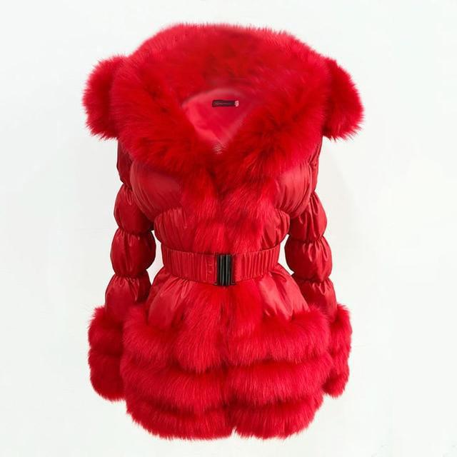 Faux Fur Trim Down Winter Down Coat With Hood and Belt