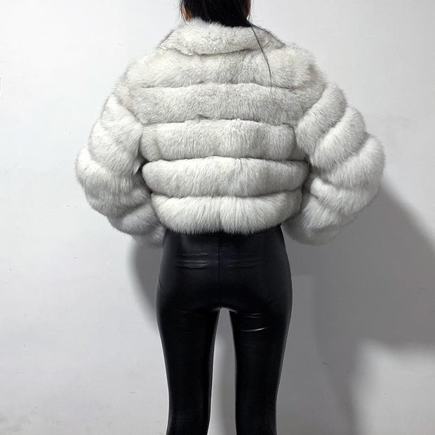 Short Style Zip Up Faux Fur Crop Coat With Collar