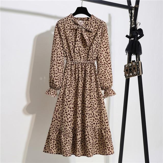 Splodge Animal Print Dress With Long Sleeves - Cow Print Tea Dress - MomyMall BEIGE / S