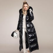 High Shine Puffer Coat - Plus Size Extra Long Puffer Coat With Faux Fur Hood - MomyMall BLACK / S