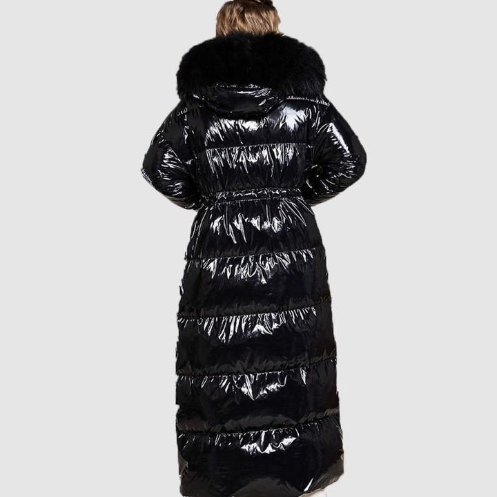 High Shine Puffer Coat - Plus Size Extra Long Puffer Coat With Faux Fur Hood - MomyMall
