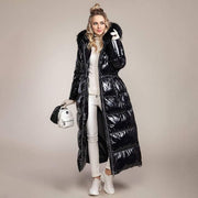High Shine Puffer Coat - Plus Size Extra Long Puffer Coat With Faux Fur Hood - MomyMall