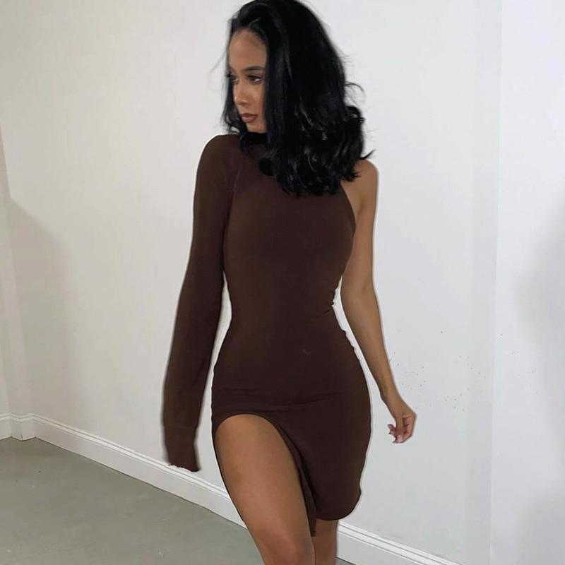 One Shoulder Mini Bodycon Dress With Side Split - MomyMall BROWN / S