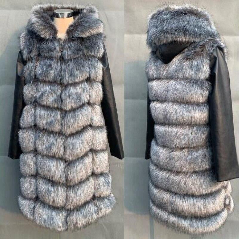 Manteau en fausse fourrure à manches amovibles avec capuche