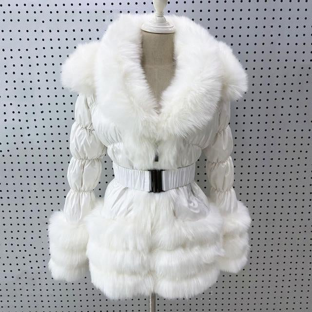 Faux Fur Trim Down Winter Down Coat With Hood and Belt