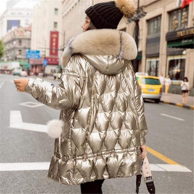Manteau d'hiver en duvet de canard - Doudoune brillante à capuche en grosse fourrure