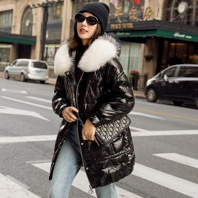 Winter Duck Down Coat - Hooded Big Fur Shiny Puffer Coat