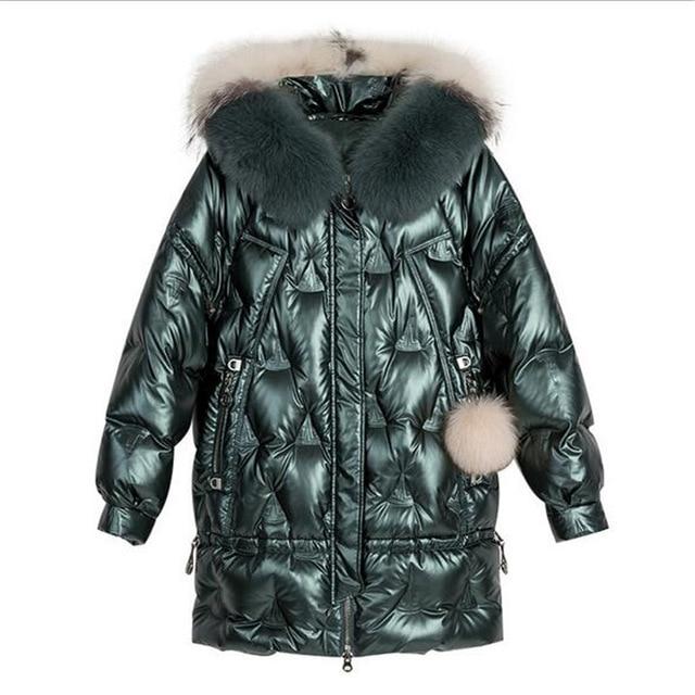 Winter Duck Down Coat - Hooded Big Fur Shiny Puffer Coat