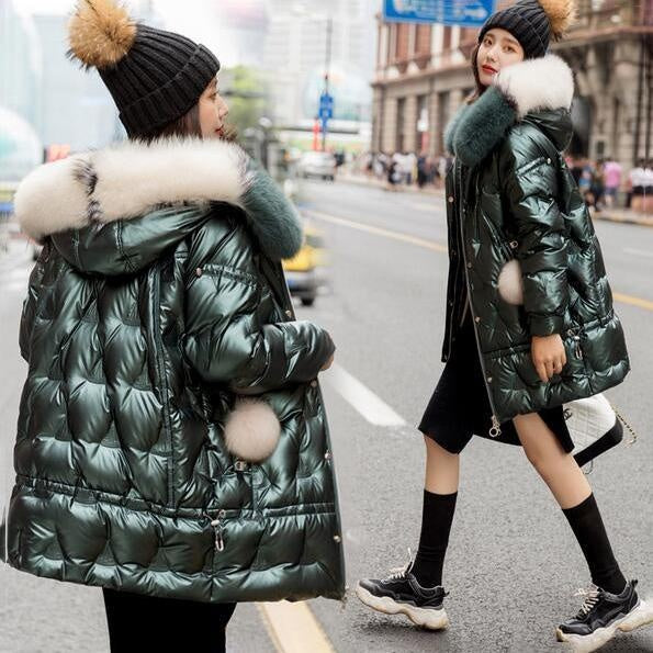 Winter Duck Down Coat - Hooded Big Fur Shiny Puffer Coat