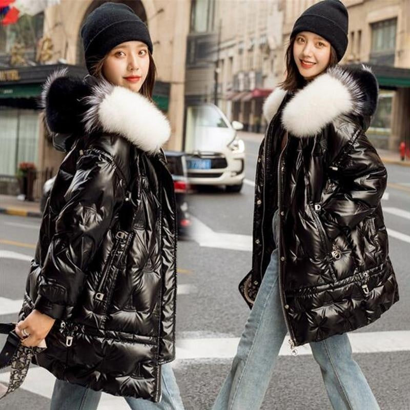 Winter Duck Down Coat - Hooded Big Fur Shiny Puffer Coat