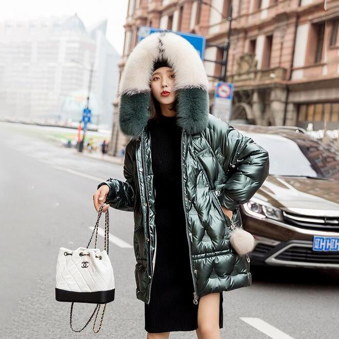 Winter Duck Down Coat - Hooded Big Fur Shiny Puffer Coat