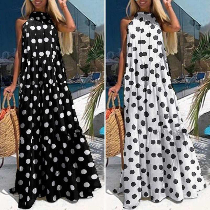 Polka Dot Tiered Maxi Dress - Spotty Maxi Dress With Halter neck - MomyMall