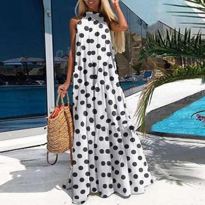 Polka Dot Tiered Maxi Dress - Spotty Maxi Dress With Halter neck - MomyMall WHITE / S