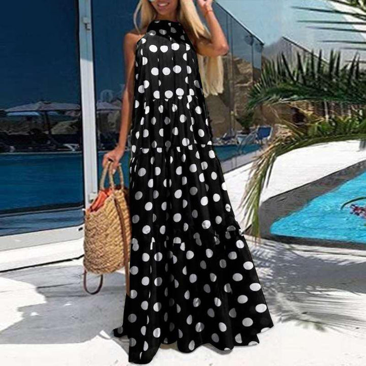 Polka Dot Tiered Maxi Dress - Spotty Maxi Dress With Halter neck - MomyMall BLACK / S