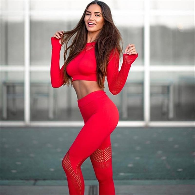 Seamless High Waist Leggings & Long Sleeve Crop Top Set - MomyMall RED / XS