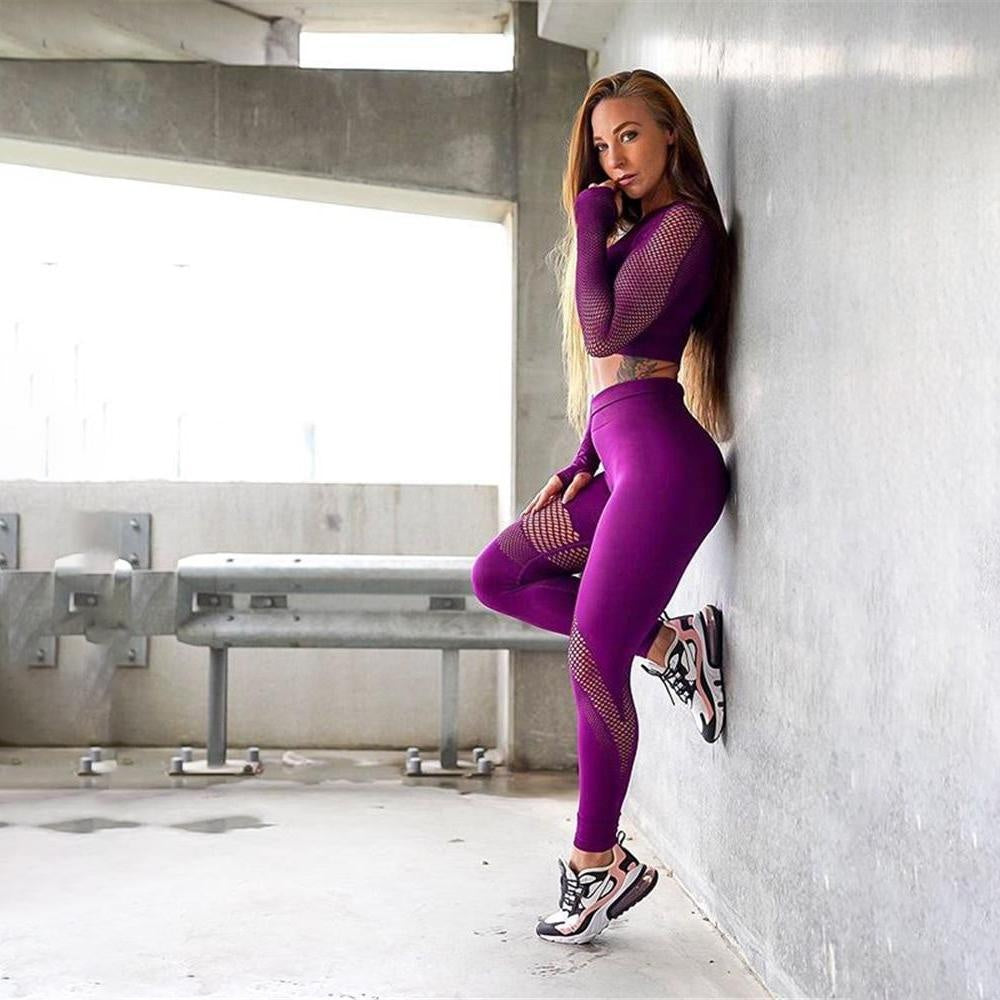 Seamless High Waist Leggings & Long Sleeve Crop Top Set - MomyMall PURPLE / XS