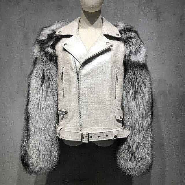 Croc Effect Leather Jacket With Faux Fur Sleeves