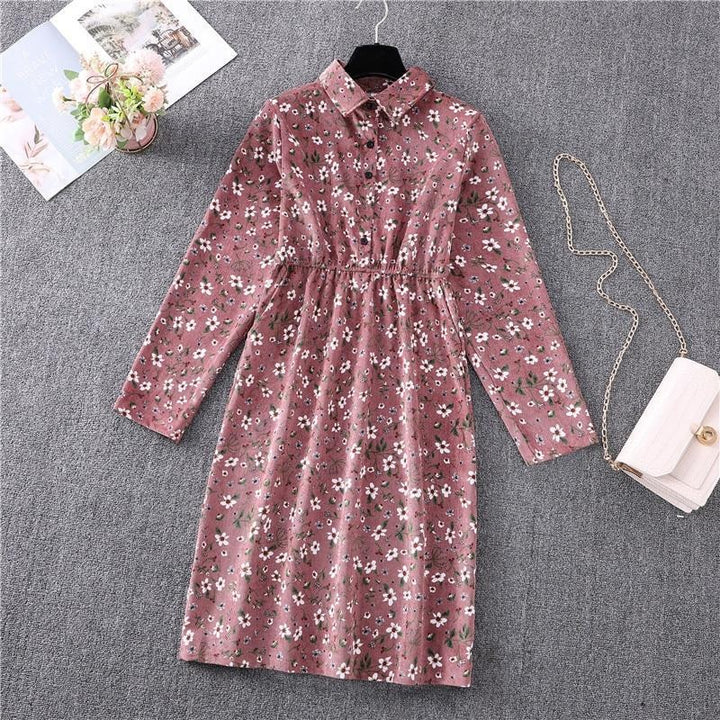 Ditsy Floral Print Midi Corduory Dress With Long Sleeves - MomyMall