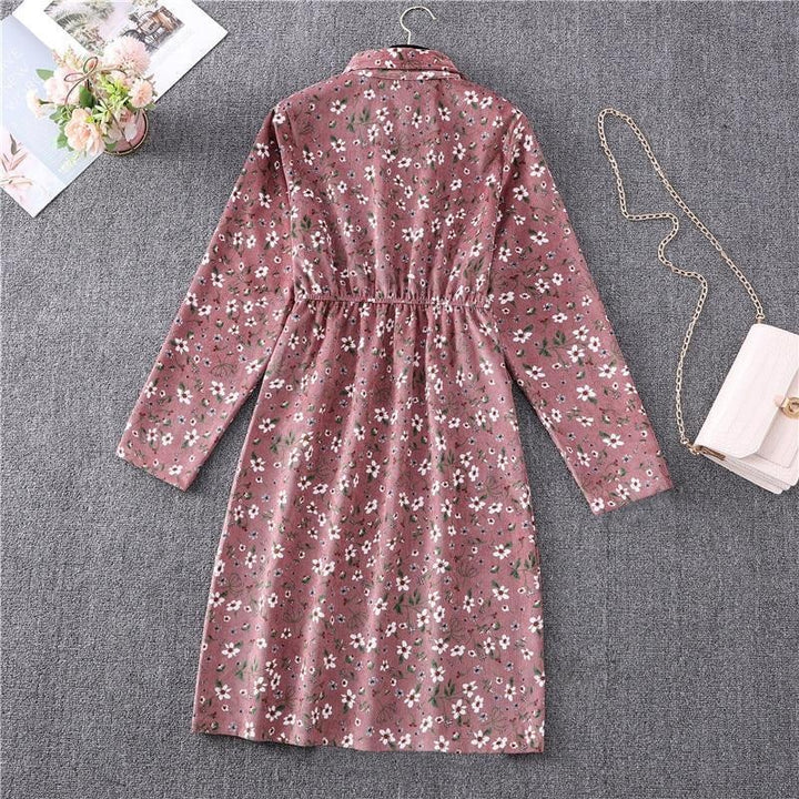 Ditsy Floral Print Midi Corduory Dress With Long Sleeves - MomyMall