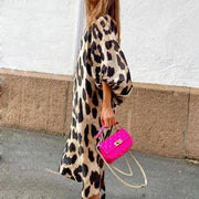 Leopard Print V-Neck Long Sleeve Kaftan Dress - MomyMall