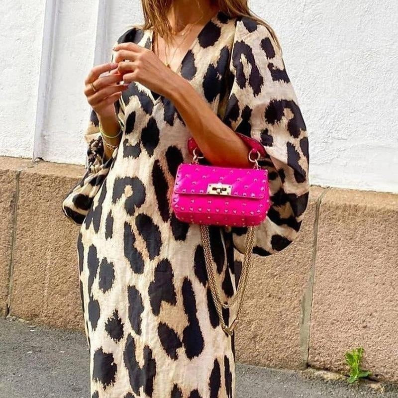 Leopard Print V-Neck Long Sleeve Kaftan Dress - MomyMall