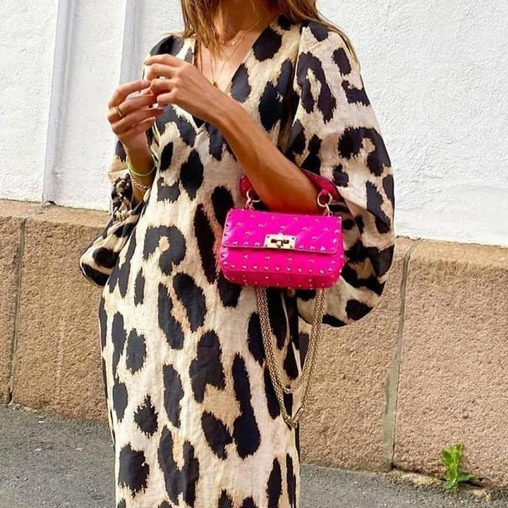 Leopard Print V-Neck Long Sleeve Kaftan Dress - MomyMall