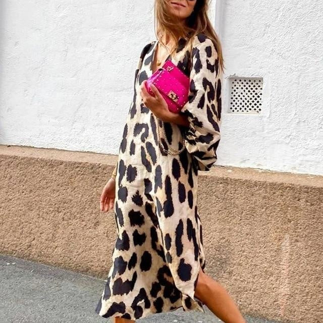 Leopard Print V-Neck Long Sleeve Kaftan Dress - MomyMall BROWN/BLACK / S