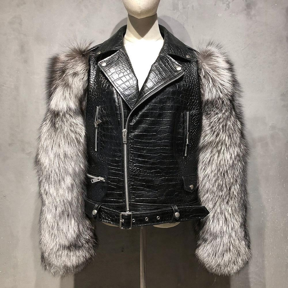 Croc Effect Leather Jacket With Faux Fur Sleeves