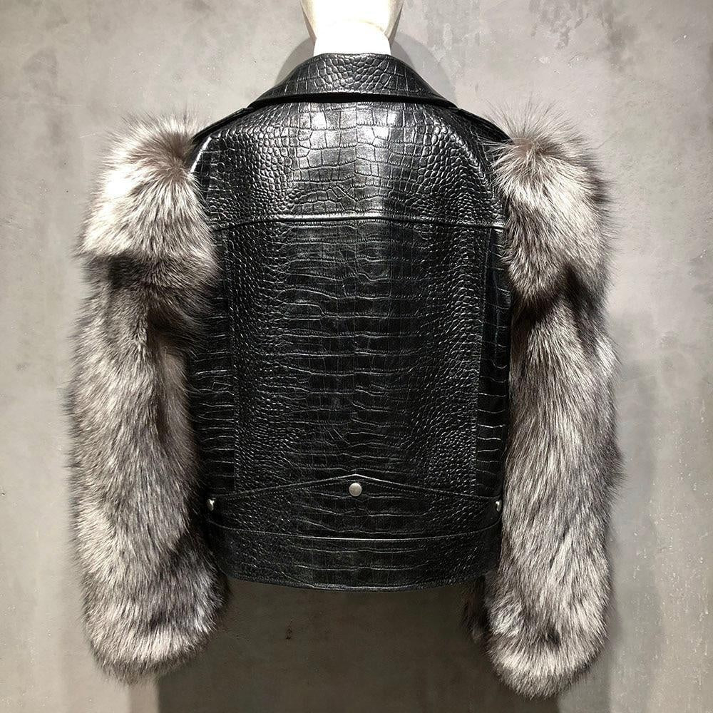 Croc Effect Leather Jacket With Faux Fur Sleeves