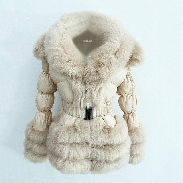 Faux Fur Trim Down Winter Down Coat With Hood and Belt